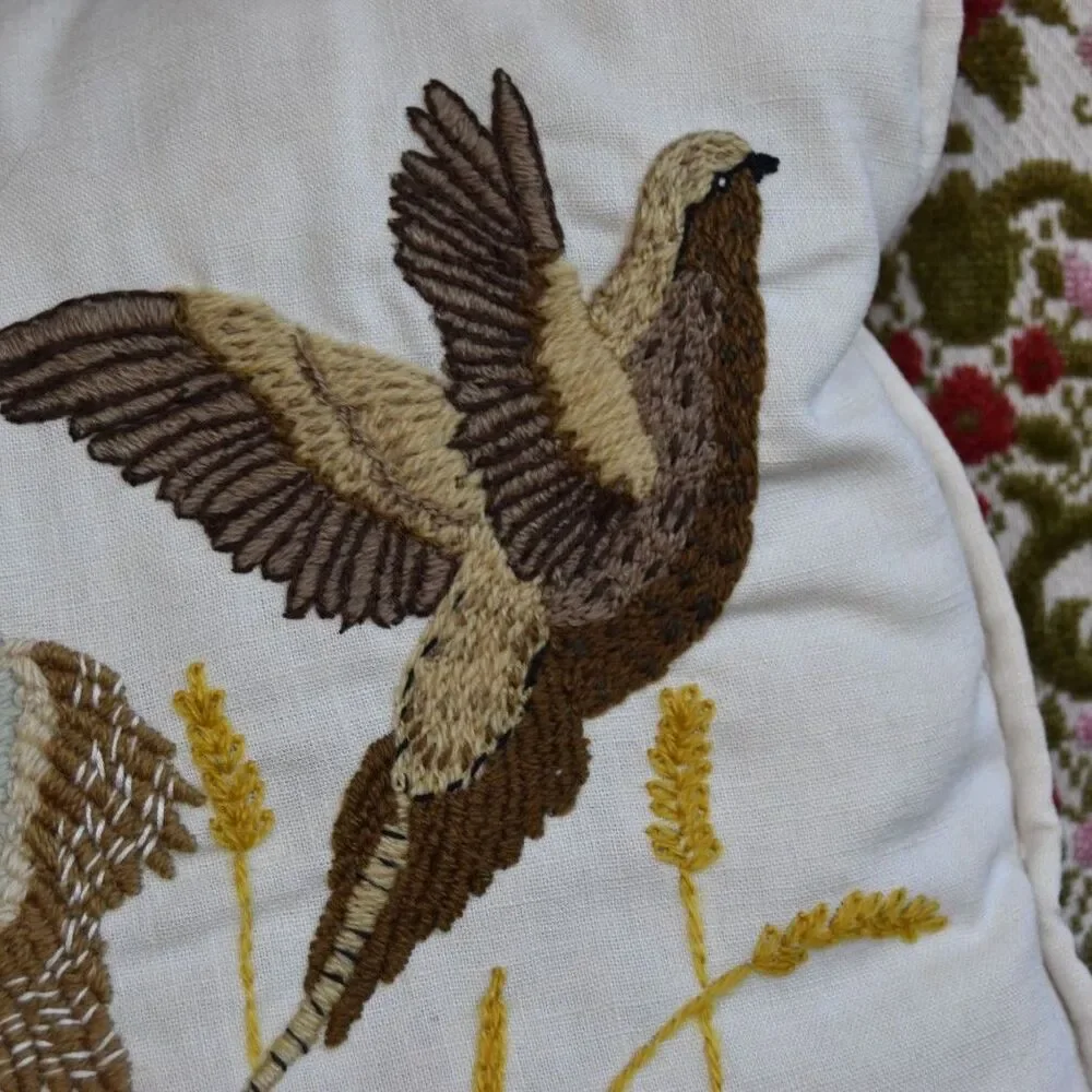 Vintage 1970s Crewel Embroidered Pheasant Pillow Cover Cabin Lodge Decor 15.5”